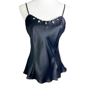Vintage Victoria’s Secret Silk Camisole Slip Top Black Embroidered Heart Neck